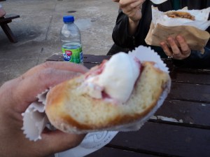 Crab apple and Chantilly cream filled doughnut